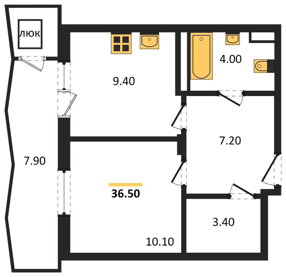 Планировка: 1-комн., 36,5 м²
