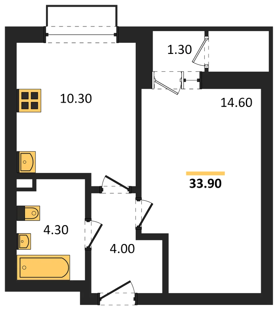 Планировка: 1-комн., 33,9 м²