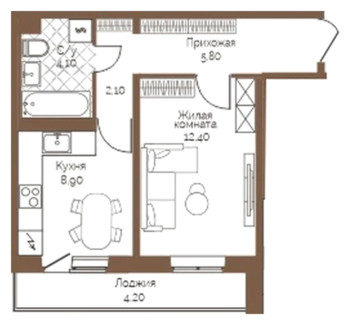 Планировка: 1-комн., 35,4 м²