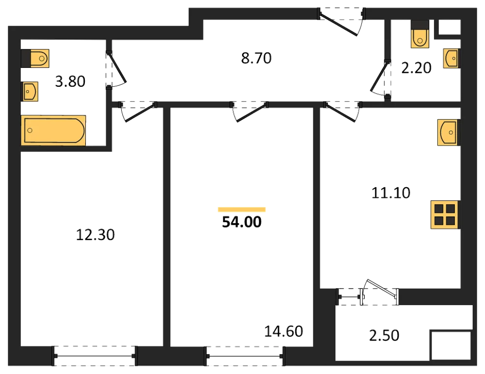 Планировка: 2-комн., 54 м²