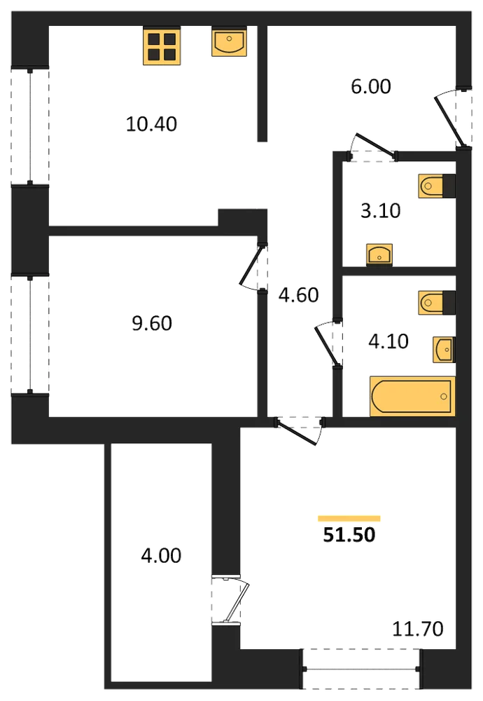 Планировка: 2-комн., 51,5 м²