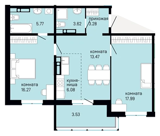 Планировка: 2-комн., 70 м²