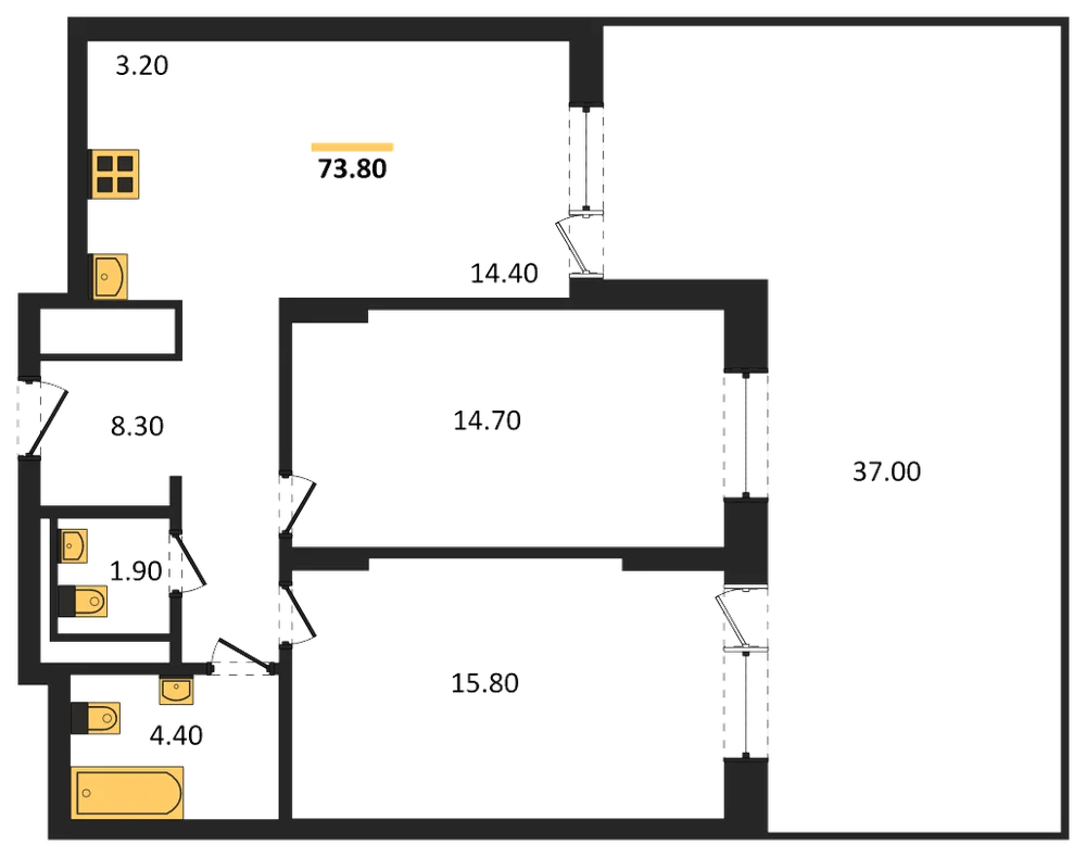Планировка: 2-комн., 72,5 м²