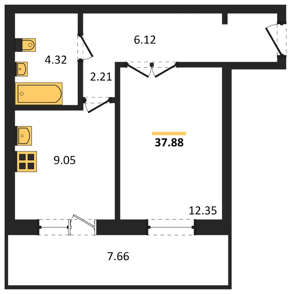 Планировка: 1-комн., 37,9 м²