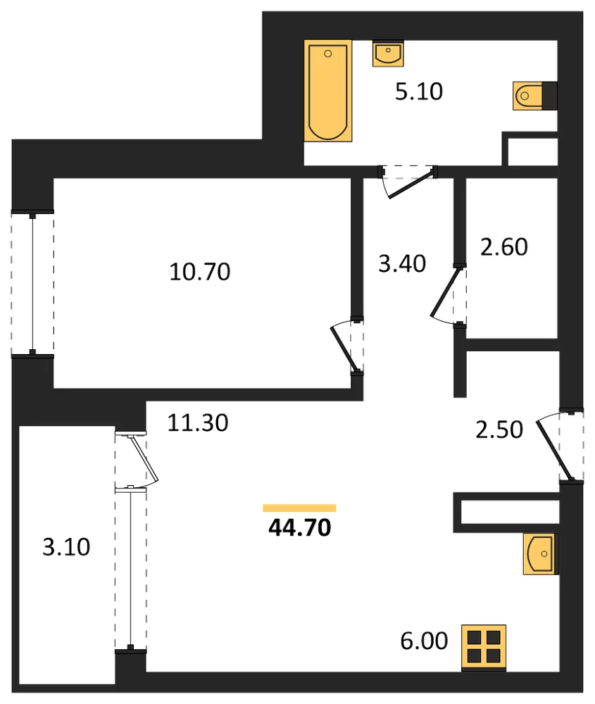 Планировка: 1-комн., 44,7 м²