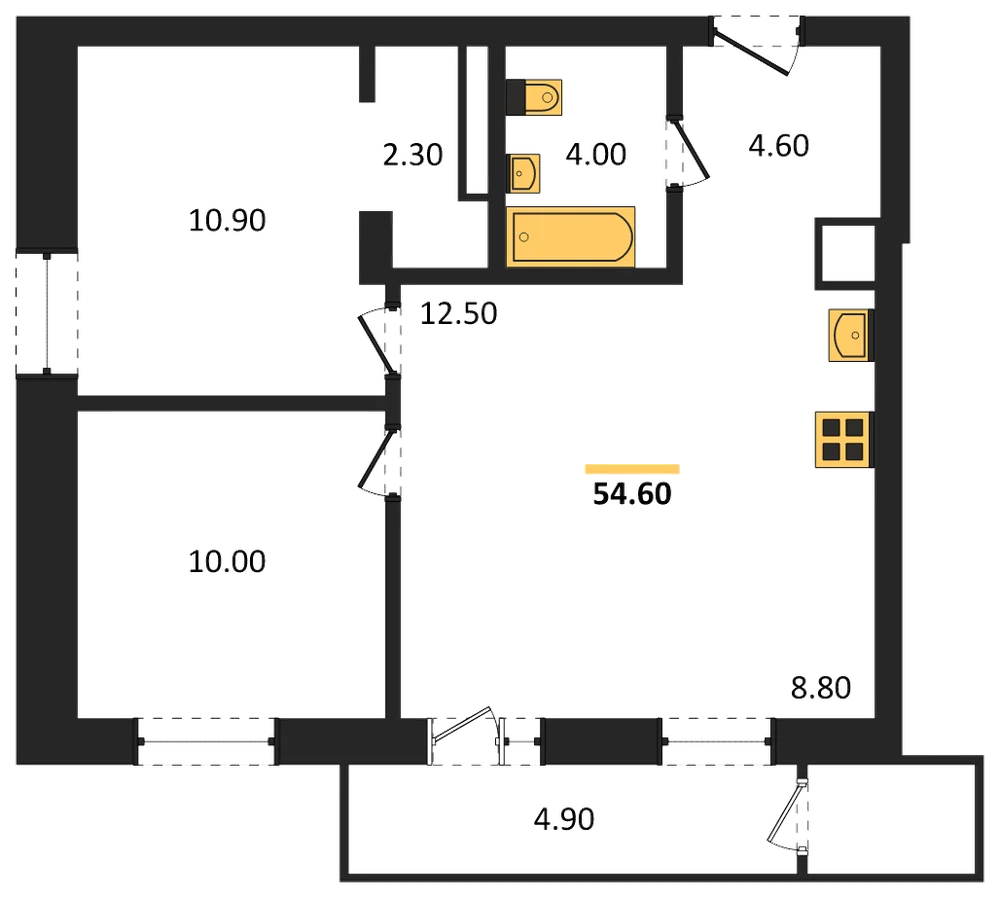 Планировка: 2-комн., 54,6 м²