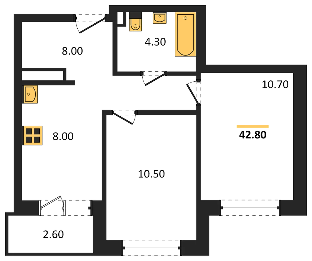 Планировка: 2-комн., 42,8 м²