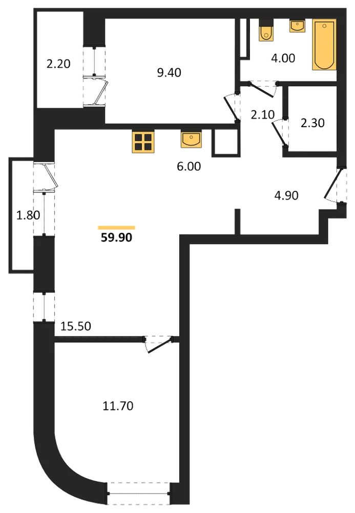 Планировка: 2-комн., 59,9 м²