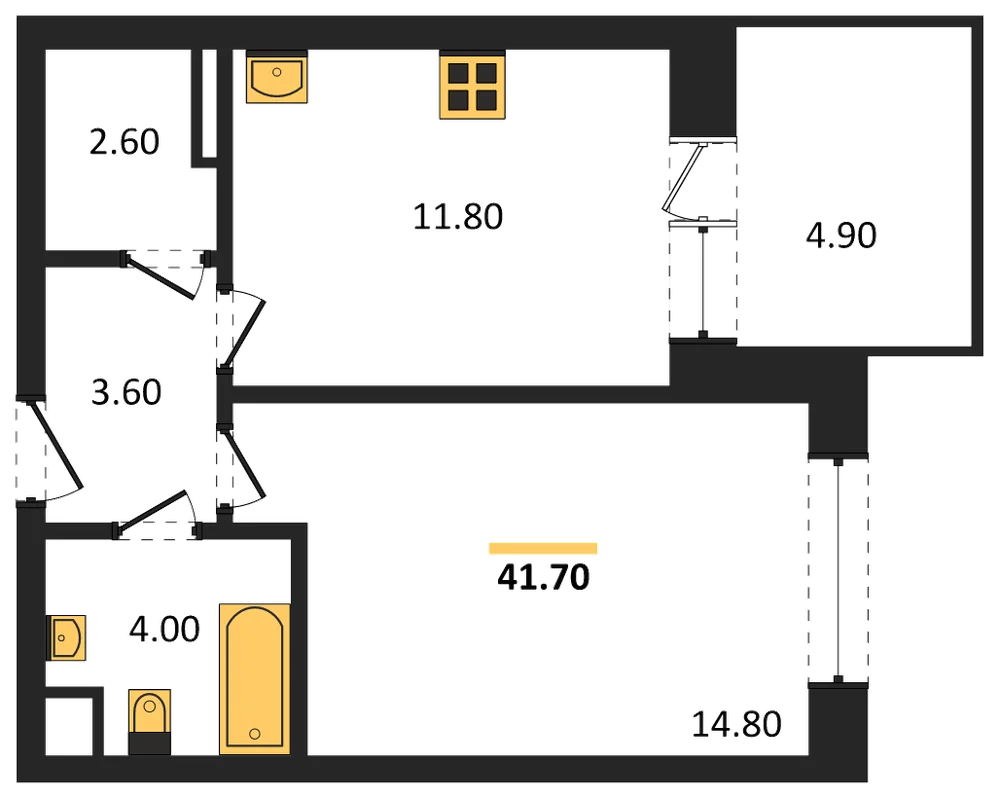Планировка: 1-комн., 41,7 м²