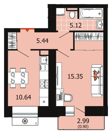 Планировка: 1-комн., 37,5 м²
