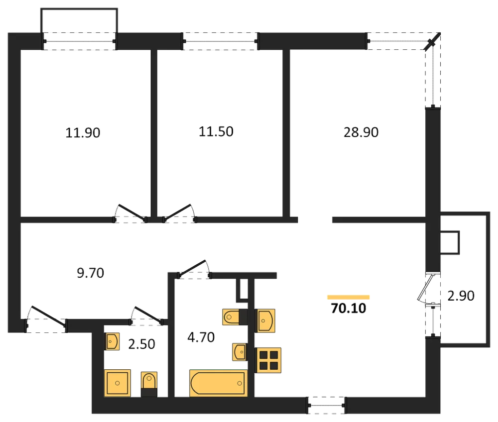 Планировка: 2-комн., 70,1 м²