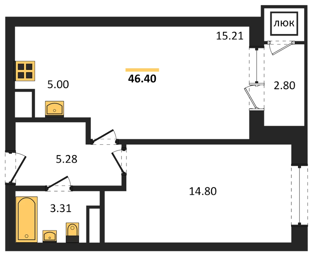 Планировка: 1-комн., 47,6 м²