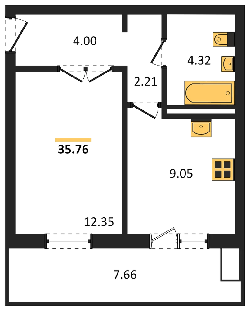 Планировка: 1-комн., 35,8 м²