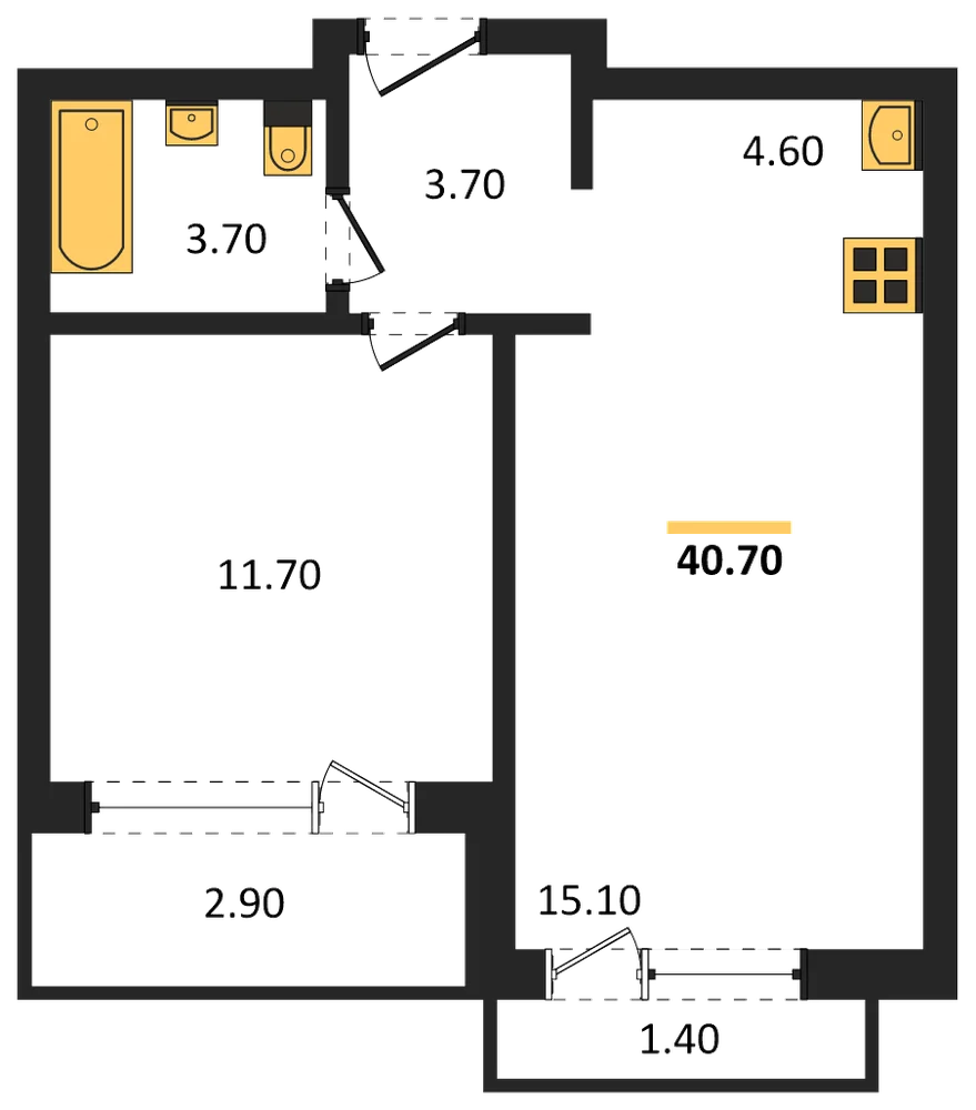 Планировка: 1-комн., 40,7 м²