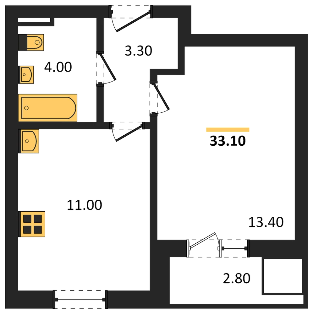 Планировка: 1-комн., 33,1 м²