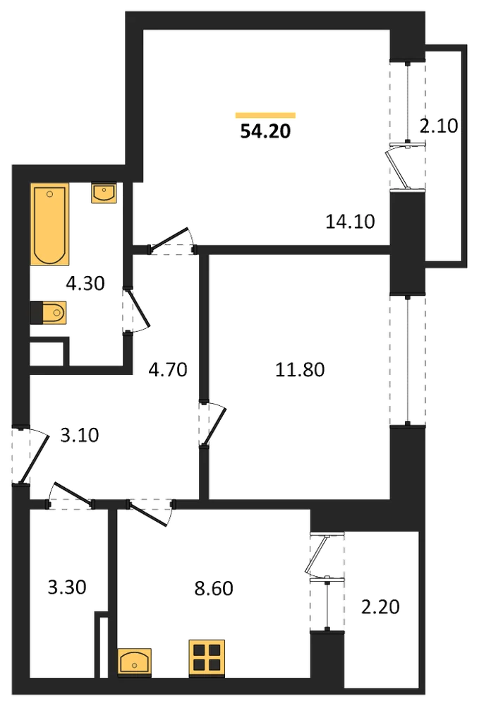 Планировка: 2-комн., 54,2 м²