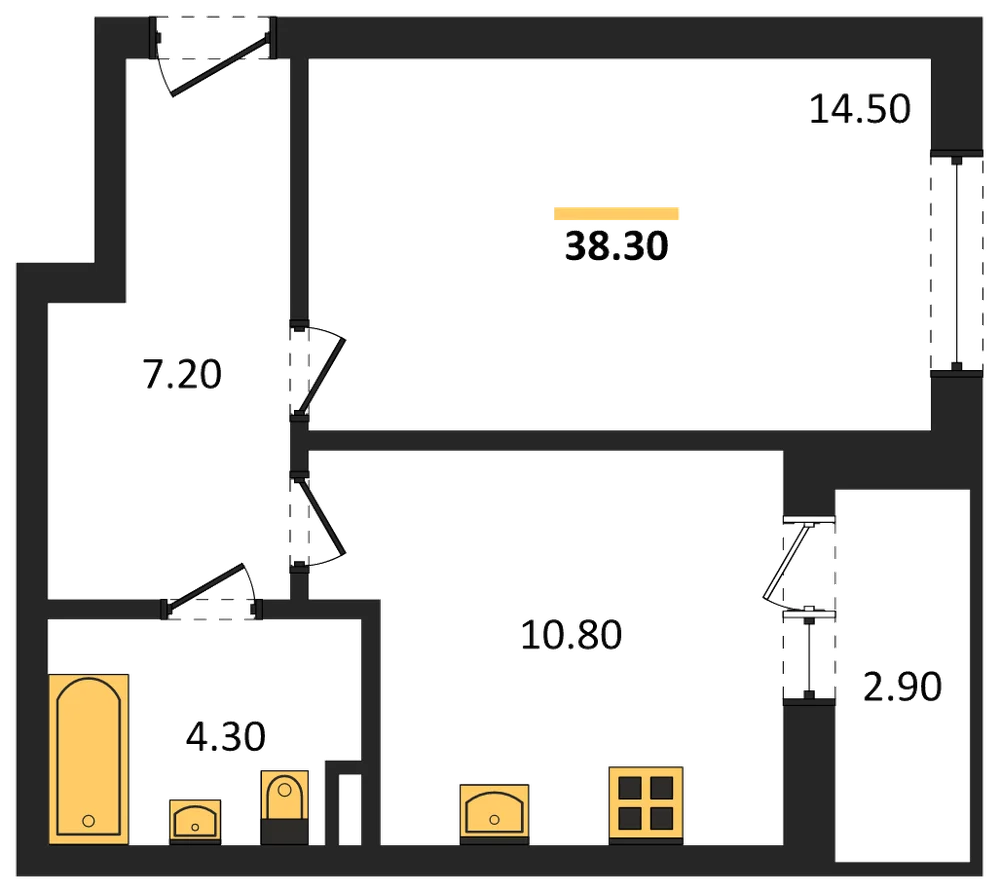 Планировка: 1-комн., 38,3 м²