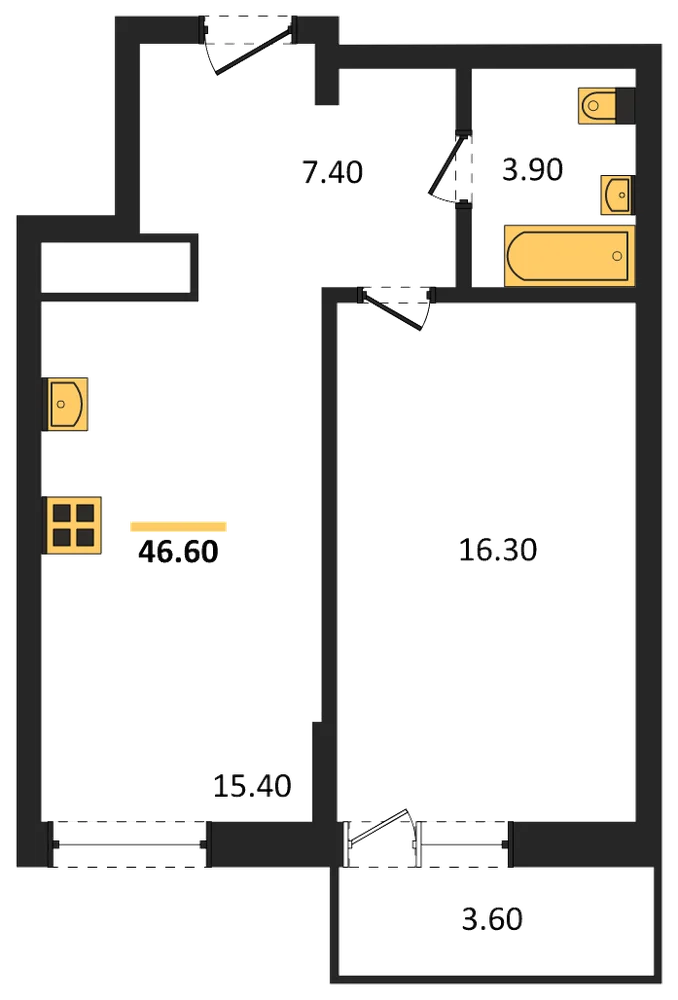 Планировка: 1-комн., 44,1 м²