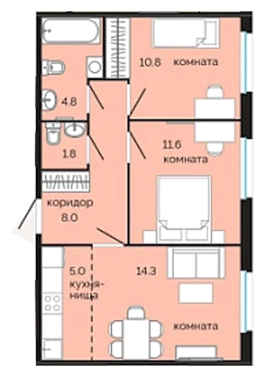 Планировка: 2-комн., 56,3 м²