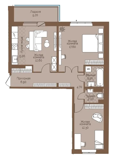Планировка: 2-комн., 67,2 м²
