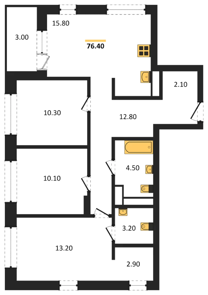 Планировка: 3-комн., 76,4 м²
