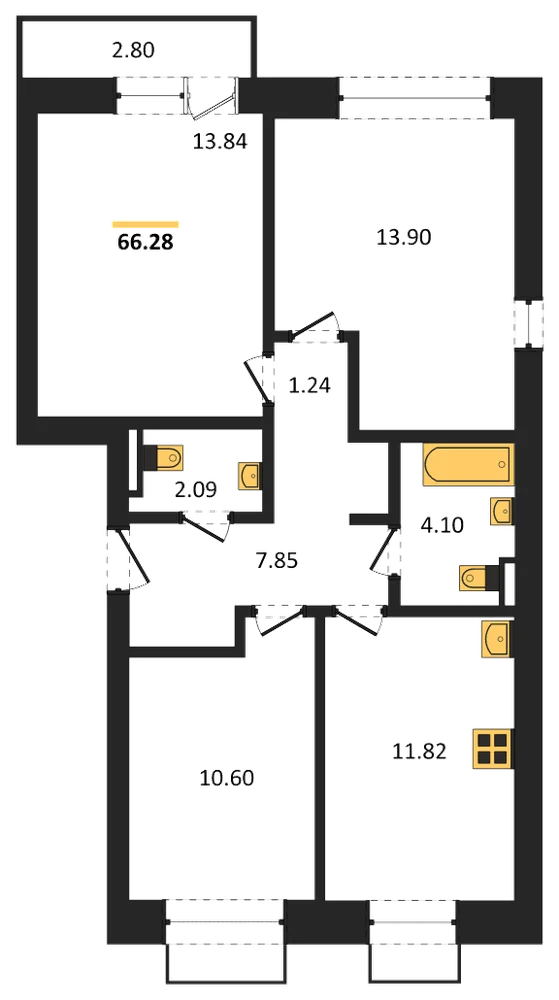 Планировка: 3-комн., 66,3 м²
