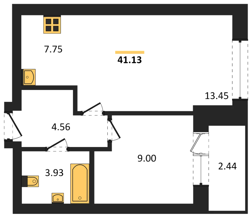 Планировка: 1-комн., 41,1 м²