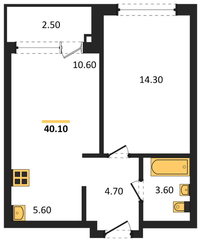 Планировка: 1-комн., 40,1 м²