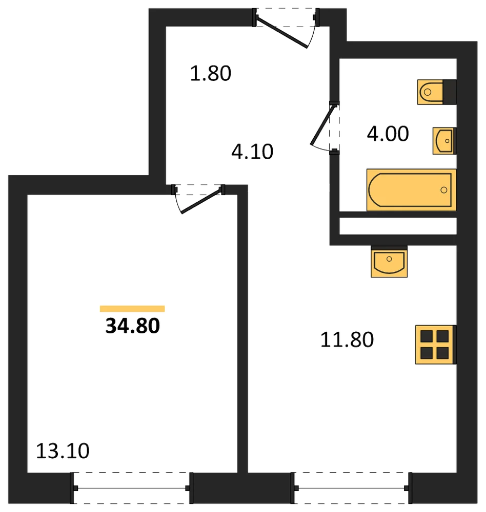 Планировка: 1-комн., 34,8 м²