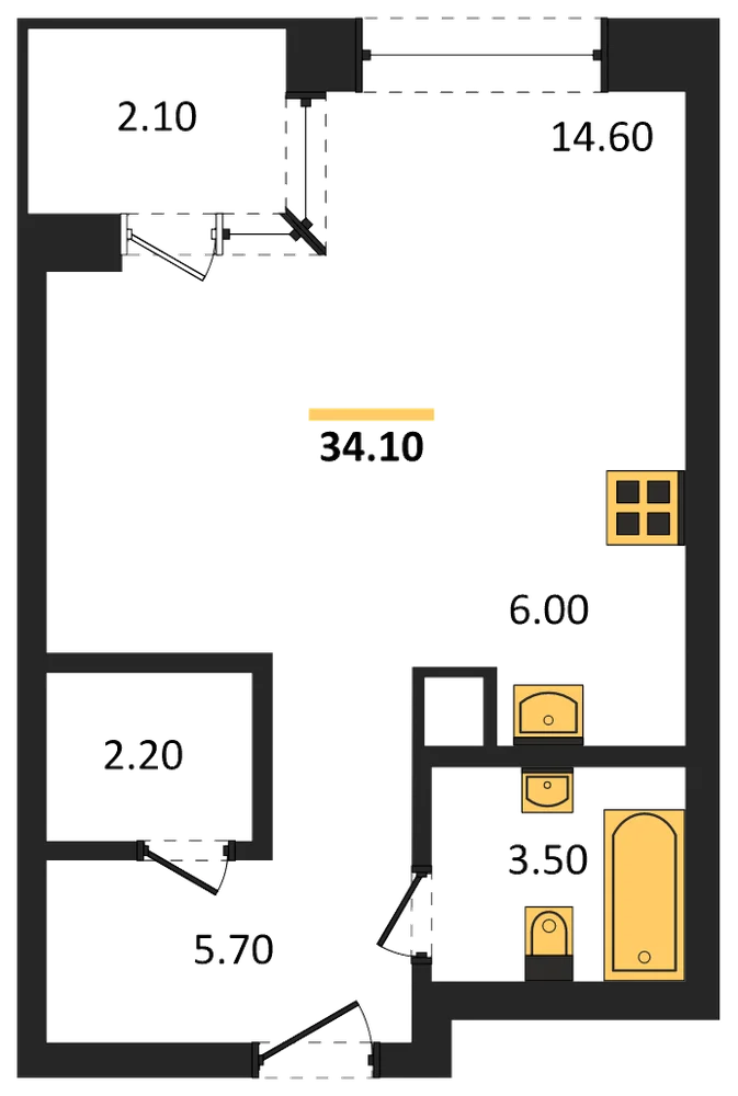 Планировка: Студия, 34,1 м²