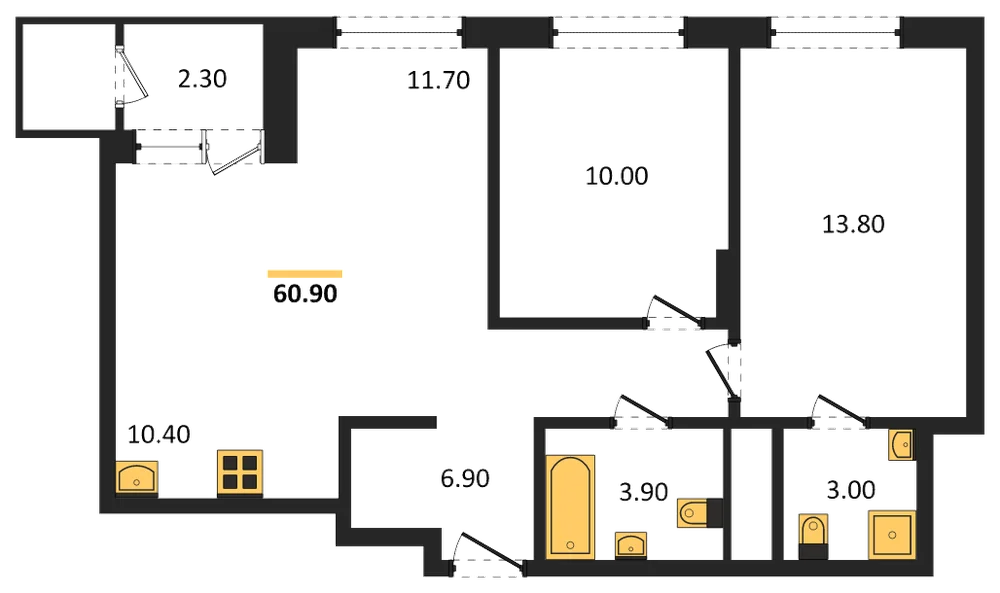 Планировка: 2-комн., 60,9 м²