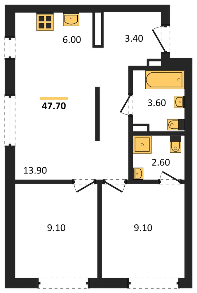 Планировка: 2-комн., 47,6 м²