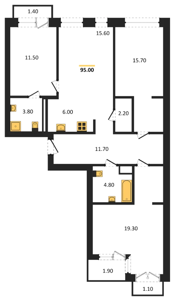 Планировка: 3-комн., 95 м²