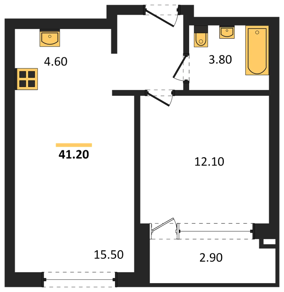 Планировка: 1-комн., 41,2 м²