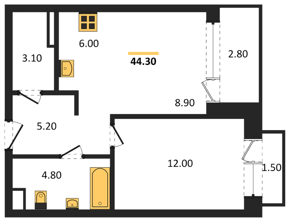 Планировка: 1-комн., 44,3 м²