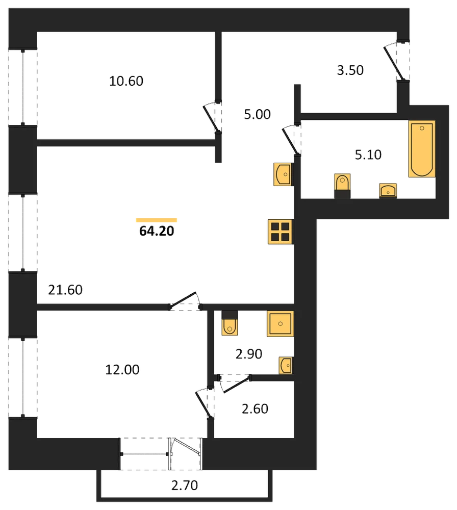 Планировка: 2-комн., 64,2 м²