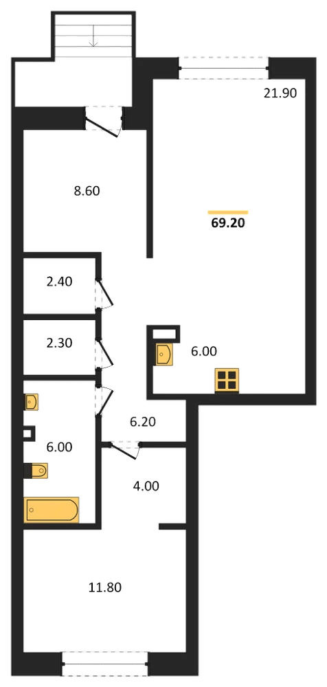 Планировка: 1-комн., 69,2 м²