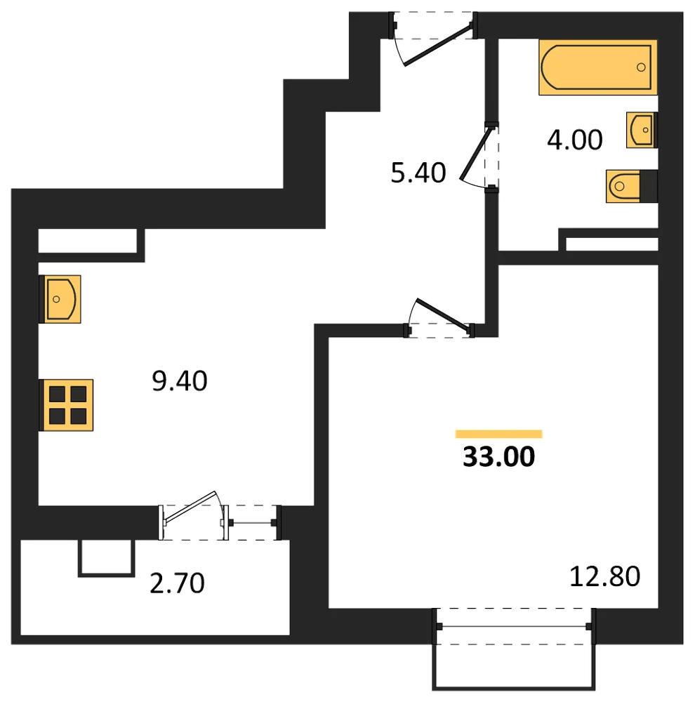 Планировка: 1-комн., 33 м²