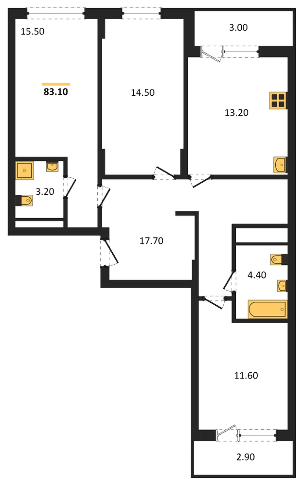 Планировка: 3-комн., 83,1 м²