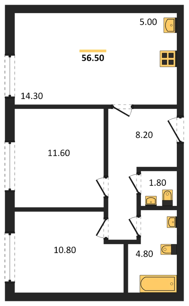 Планировка: 2-комн., 56,5 м²