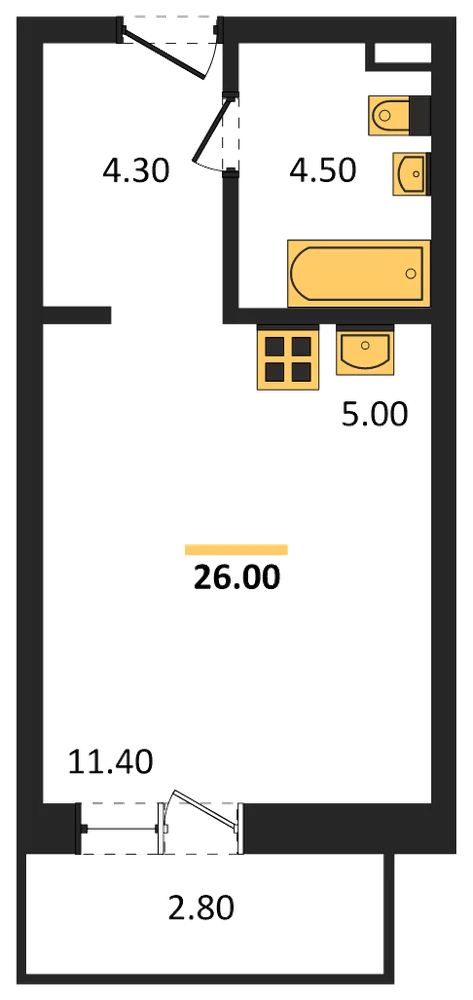Планировка: Студия, 26 м²