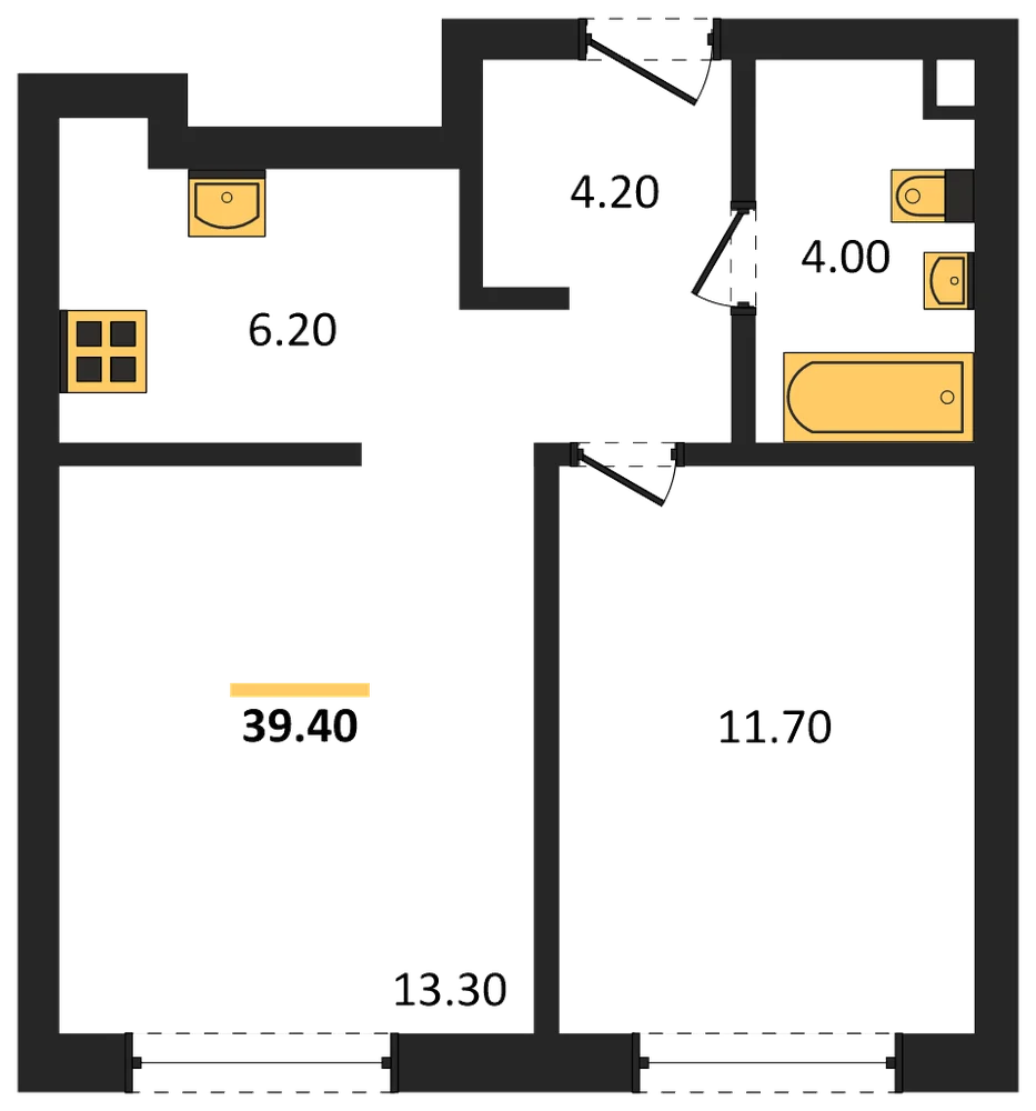 Планировка: 1-комн., 39,4 м²