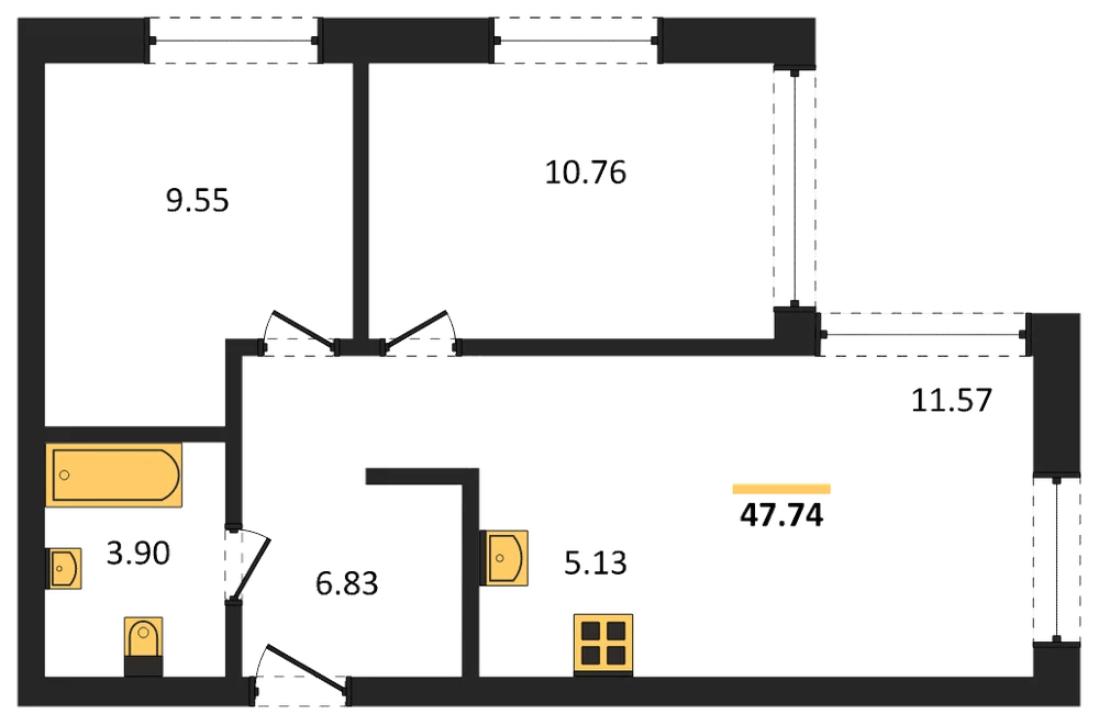 Планировка: 3-комн., 47,5 м²