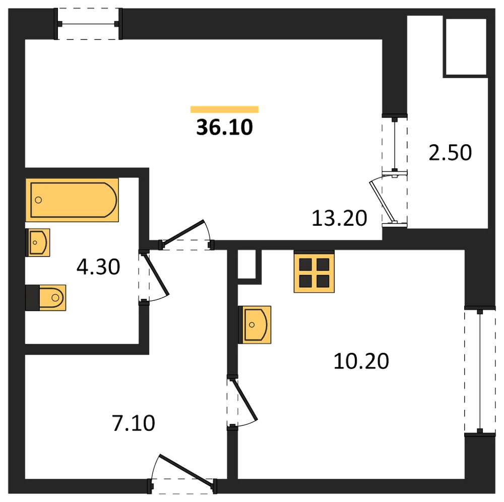 Планировка: 1-комн., 36,1 м²