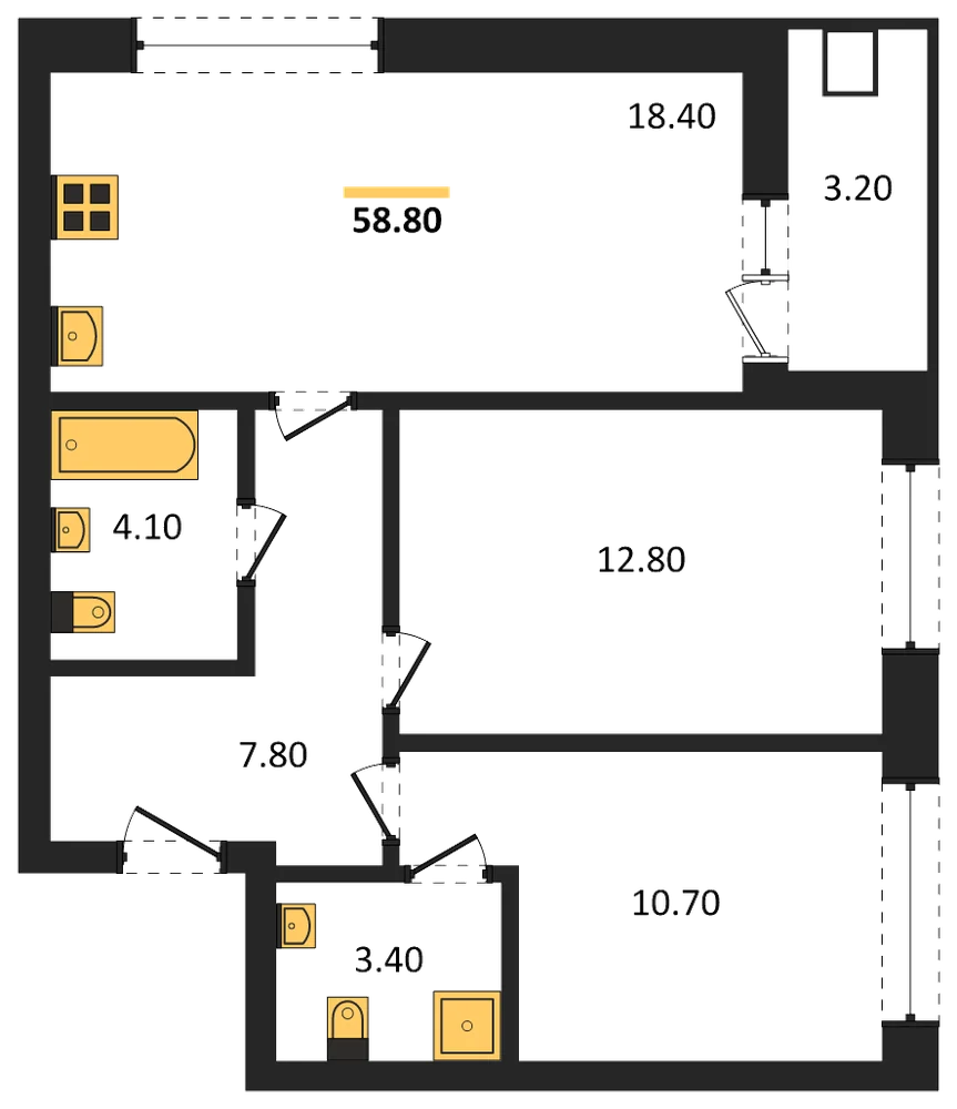 Планировка: 2-комн., 58,8 м²