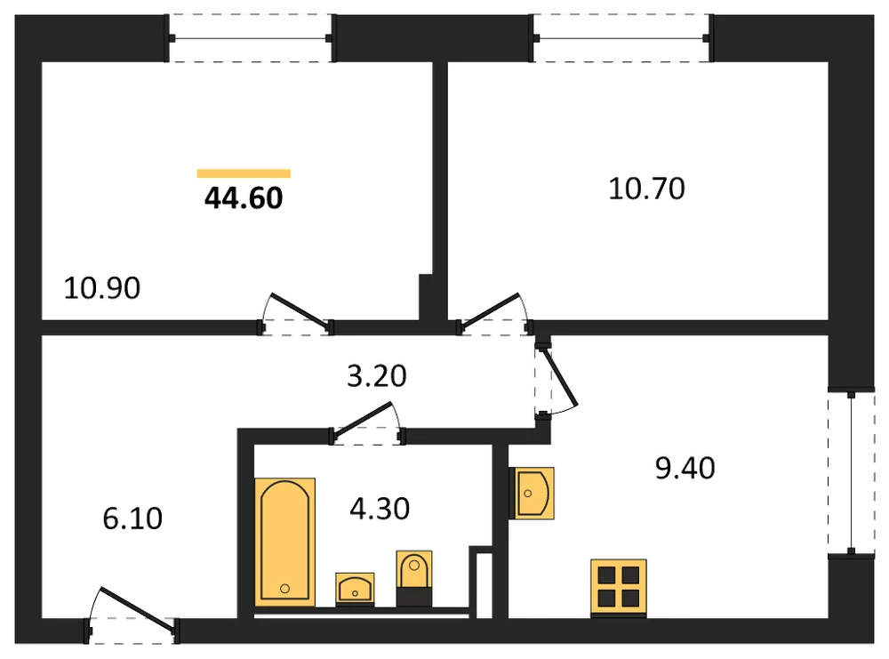 Планировка: 2-комн., 44,6 м²