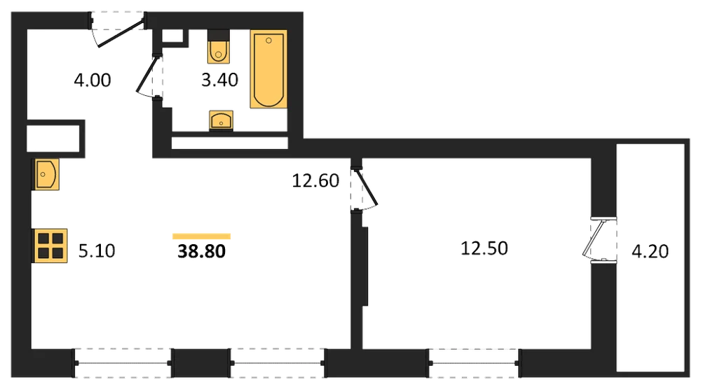 Планировка: 1-комн., 38,8 м²
