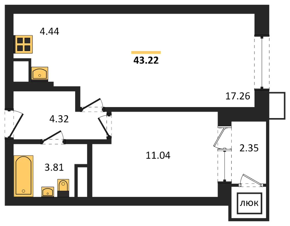Планировка: 1-комн., 43,2 м²