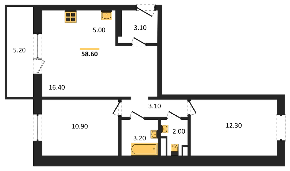 Планировка: 2-комн., 58,6 м²
