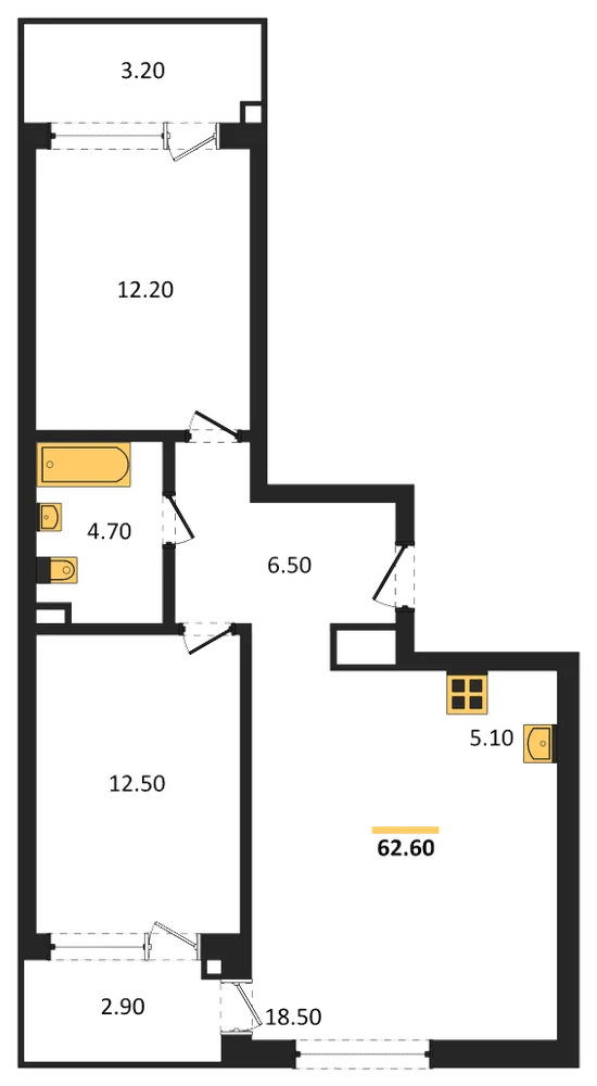 Планировка: 2-комн., 62,6 м²